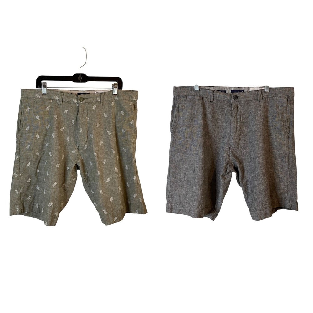 Lot of 2 Bruno Mens Washable Linen Shorts Grey Pineapple Print Classic 38W 11"